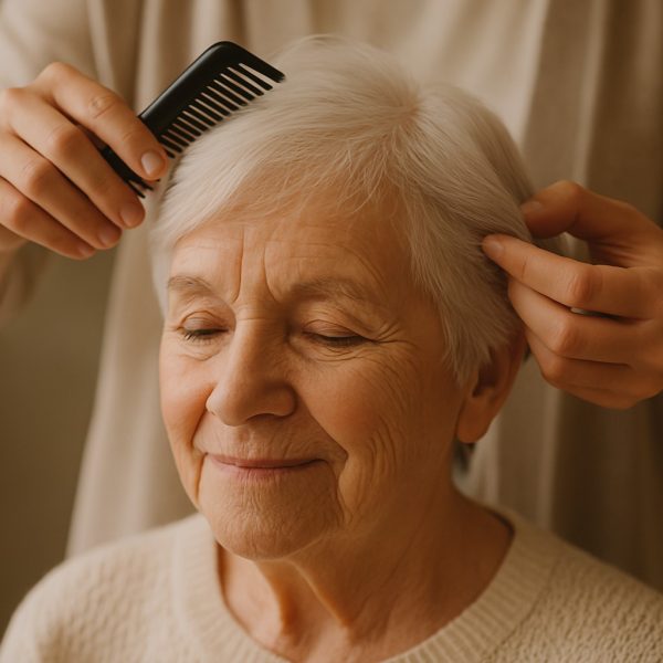 Aide à la coiffure d'une personne âgée, geste délicat pour maintenir son bien-être et son apparence